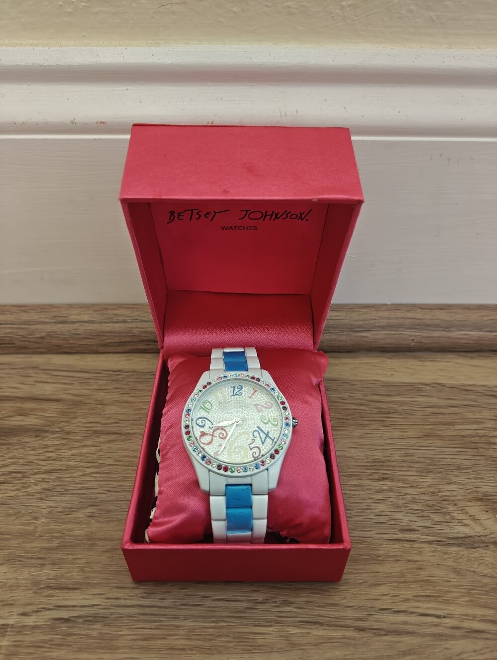 Betsey Johnson White and Blue Watch With Rainbow Rhinestones